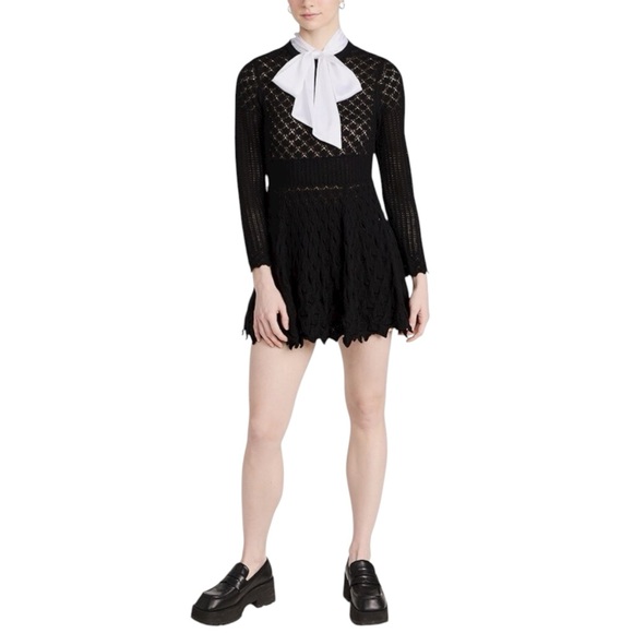 NWT Alice + Olivia Gin Pointelle Lace Knit Dress With Bow In Black Size S - Picture 4 of 12